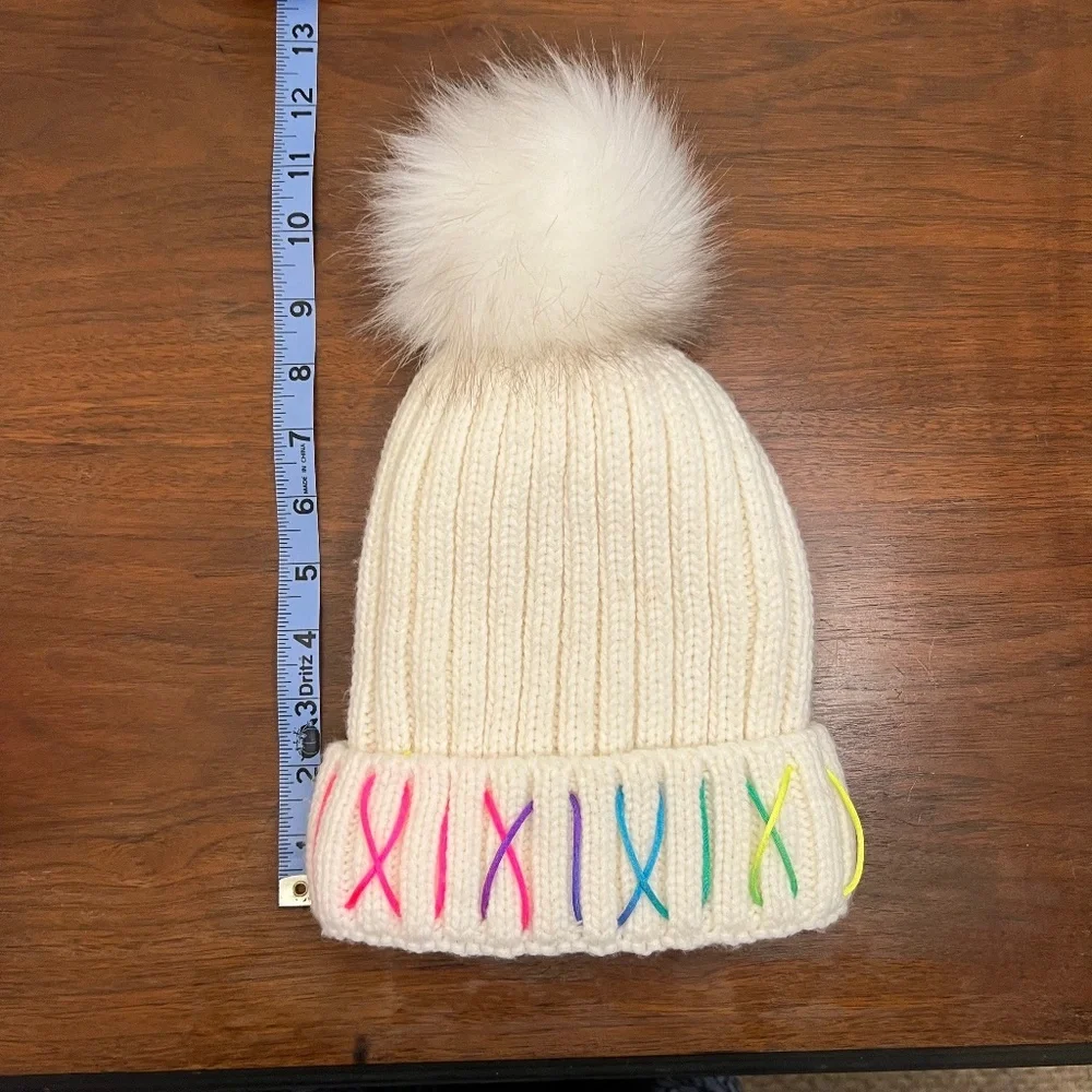 Beanie, white pom fleece lined beanie with colorful‎ stitching